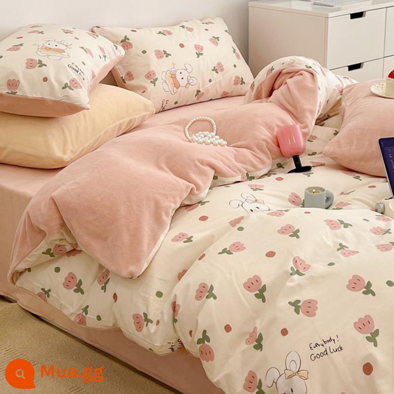 Jie Liya mùa đông A cotton B nhung sữa 4 món đơn Plus nhung ấm giường bông flannel nhung san hô - Thỏ Bông Nhung-Hồng Tulip