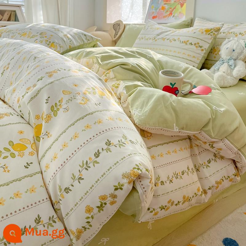 Jie Liya cotton nguyên chất vỏ chăn 1 mảnh 100 cotton vỏ chăn Bộ lõi vỏ chăn 150x200 vỏ chăn ga gối 200x230 - chanh vàng