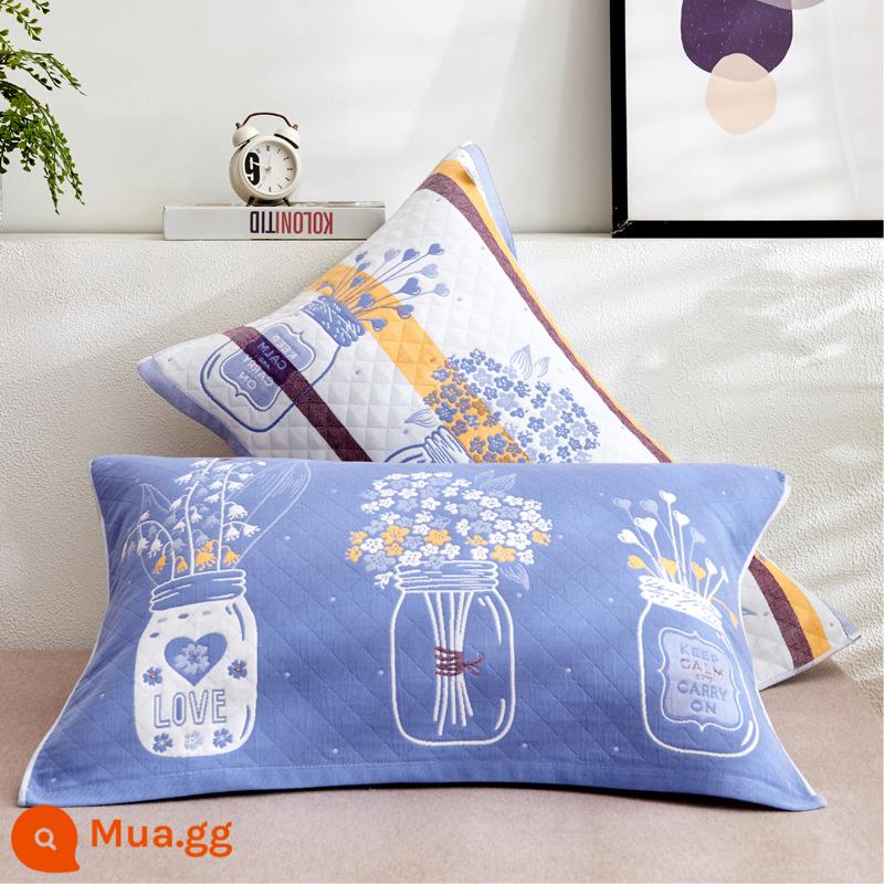 Jie Liya hoạt hình khăn gối cotton cotton nguyên chất dày gối đầu khăn gối khăn chống trơn trượt không rơi ra một cặp - Hoa trong bình-phong lan