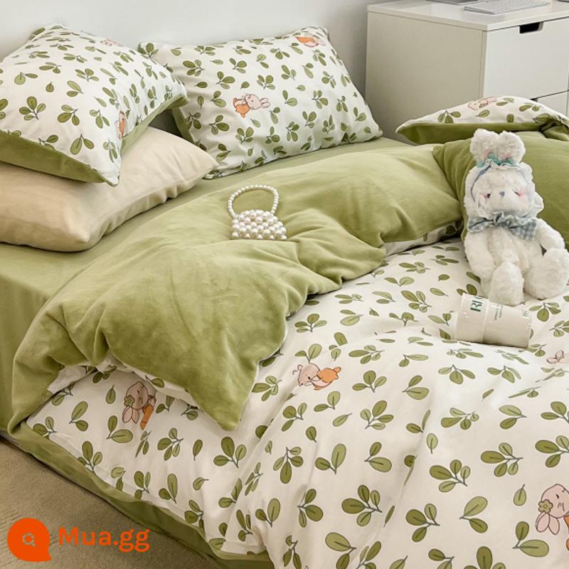 Jie Liya mùa đông A cotton B nhung sữa 4 món đơn Plus nhung ấm giường bông flannel nhung san hô - Mèo Lint-Bò