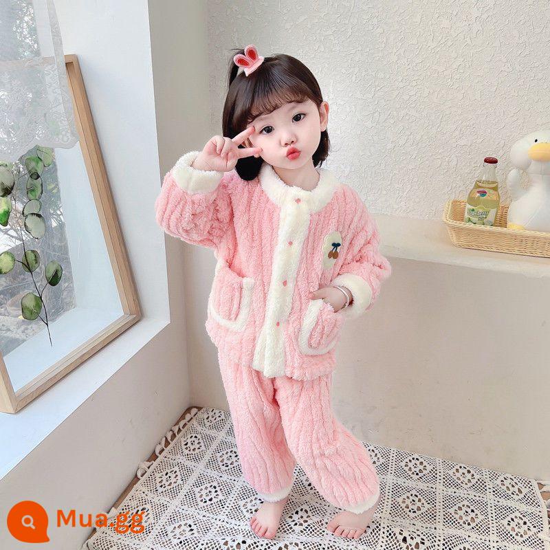 Bộ đồ ngủ bé gái mùa thu đông dày ấm flannel nhà bộ quần áo trẻ em bé gái công chúa bé san hô trang - Bộ đồ ngủ cardigan màu hoa sen anh đào