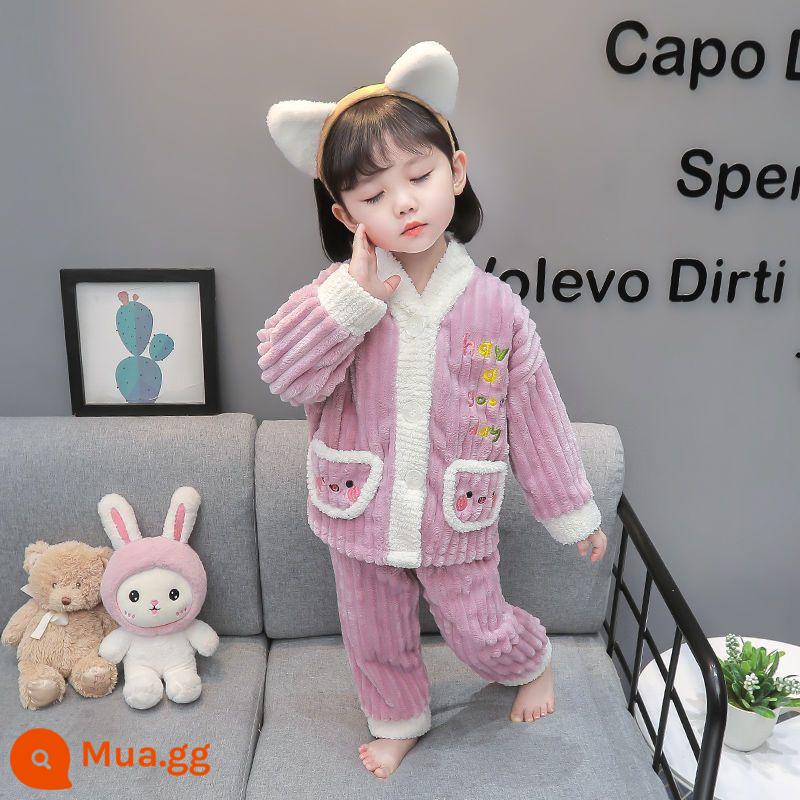 Bộ đồ ngủ bé gái mùa thu đông dày ấm flannel nhà bộ quần áo trẻ em bé gái công chúa bé san hô trang - Bộ đồ ngủ cardigan chữ màu tím đậm