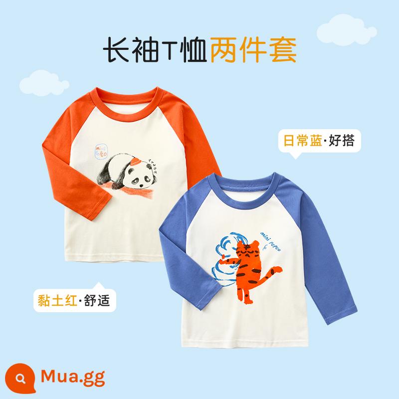 Áo phông dài tay trẻ em, mùa xuân và mùa thu, áo bé trai có đáy, áo bé gái, cotton nguyên chất, cổ tròn hoạt hình, Banner heo - Đất sét đỏ + Xanh hàng ngày (Bộ hai sản phẩm giúp giảm lo lắng)