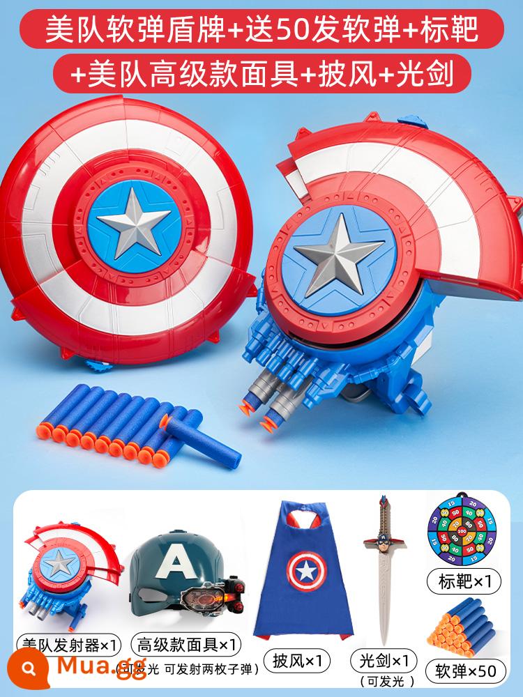 Khiên Captain America bệ phóng đạn mềm cậu bé súng đạn mềm quà tặng đồ chơi cho trẻ em trên 6 tuổi - Đạn mềm Captain America + mặt nạ cao cấp + áo choàng + kiếm ánh sáng, 50 viên đạn miễn phí + mục tiêu