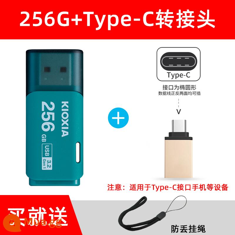 Kioxia Ổ Đĩa Flash 256G Tốc Độ Cao USB3.2 Máy Tính Dung Lượng Lớn Xe Sinh Viên Đèn LED Cổng USB Chính Hãng Chính Thức Flagship Store - 256G màu xanh + Bộ chuyển đổi Type-C/đi kèm dây buộc