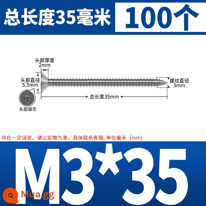 Thép không gỉ 304 dài thêm đầu chìm Vít tự tháo mở rộng đầu phẳng chéo vít gỗ M3M4M5-M8 * 200 - M3*35 (100 cái)