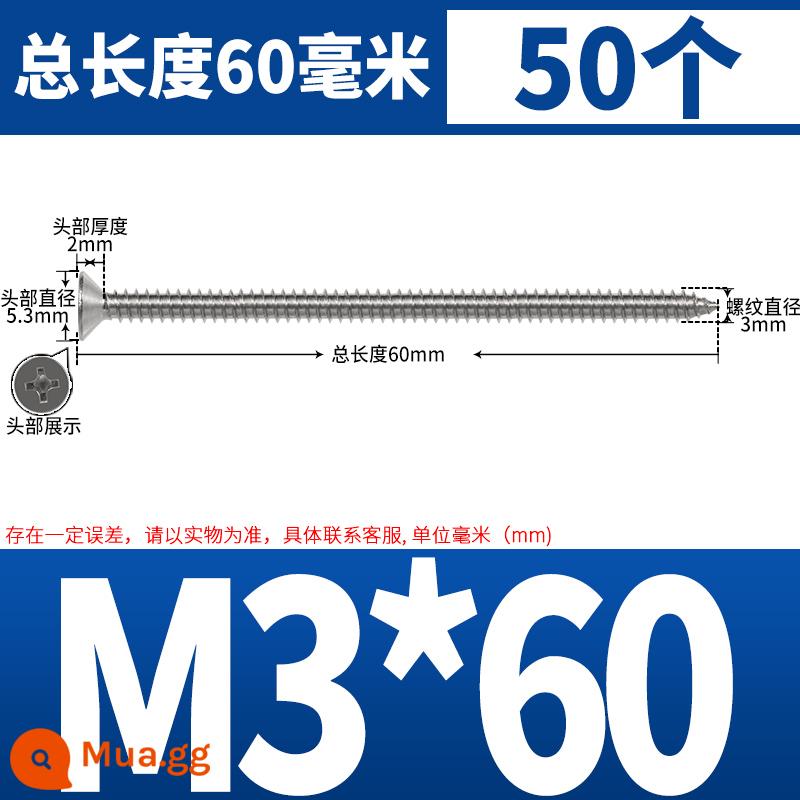 Thép không gỉ 304 dài thêm đầu chìm Vít tự tháo mở rộng đầu phẳng chéo vít gỗ M3M4M5-M8 * 200 - M3*60 (50 cái)