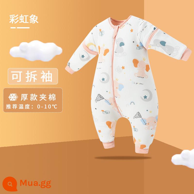 Túi ngủ Kaimenli cho bé mùa xuân, mùa thu và mùa đông cotton dày cho bé trẻ em chống đá chăn bốn mùa đồ ngủ nhiệt độ không đổi phổ quát - Rainbow Elephant (tay áo chần bông dày có thể tháo rời, nhiệt độ phòng 0-15 độ)