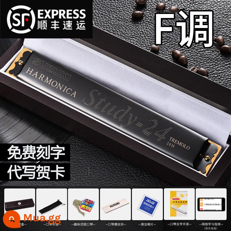 Bản gốc Suzuki harmonica 24 lỗ đa âm C giai điệu đích thực dành cho học sinh người lớn mới bắt đầu với đàn piano chuyên nghiệp - Phím F đa âm 24 lỗ màu đen + hộp quà gỗ đàn hương + quà tặng