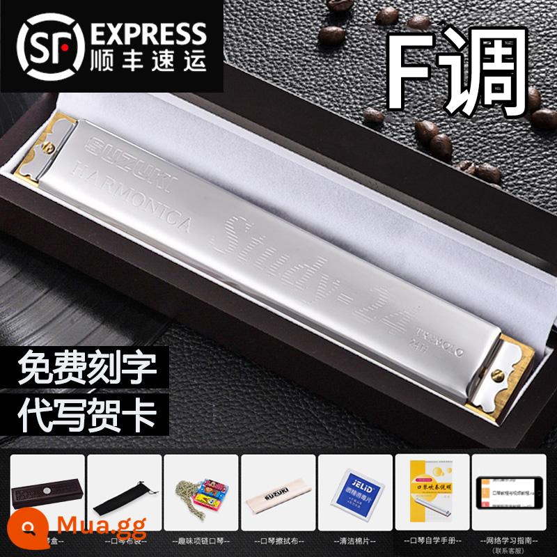 Bản gốc Suzuki harmonica 24 lỗ đa âm C giai điệu đích thực dành cho học sinh người lớn mới bắt đầu với đàn piano chuyên nghiệp - Phím F đa âm 24 lỗ màu bạc + hộp quà gỗ đàn hương + quà tặng