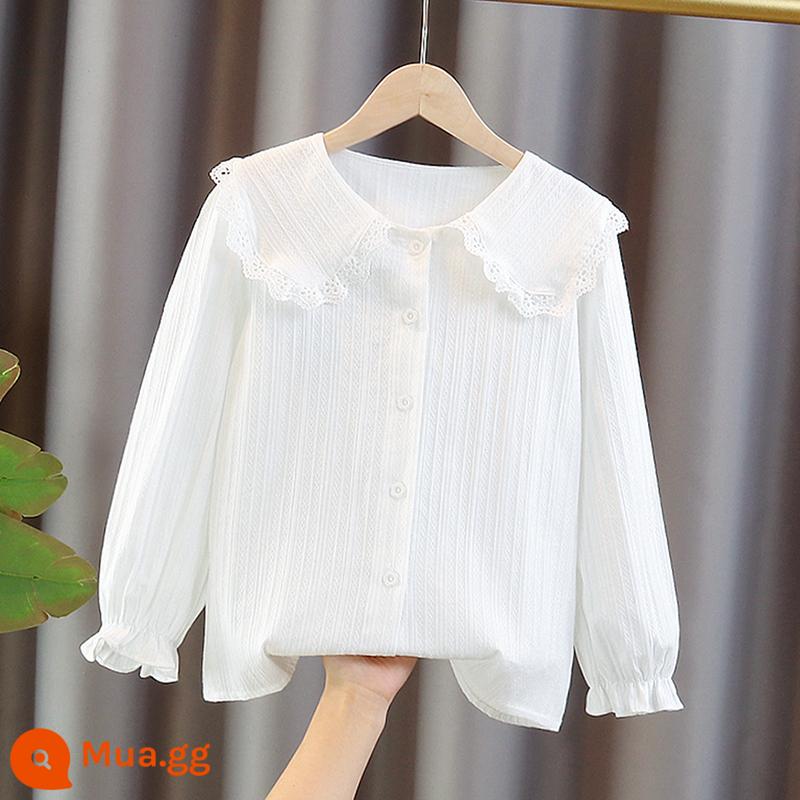 Áo sơ mi bé gái màu trắng xuân thu hè 2023 quần áo trẻ em cỡ lớn mới áo sơ mi dài tay nữ cotton hàng đầu cho trẻ em - áo sơ mi dài tay màu trắng