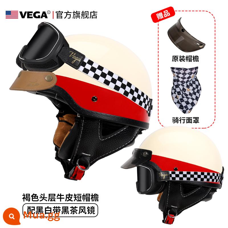 Mỹ VEGA Retro Đầu Máy Đầu Máy Mũ Nam Nữ Nhật Bản Harley Mũ Bảo Hiểm Nửa Mùa Đông 4 Xe Ô Tô Điện Muỗng Mũ Bảo Hiểm - Weissyuan trắng nhạt (đi kèm kính màu trà đen kẻ sọc + vành mũ da kaki)