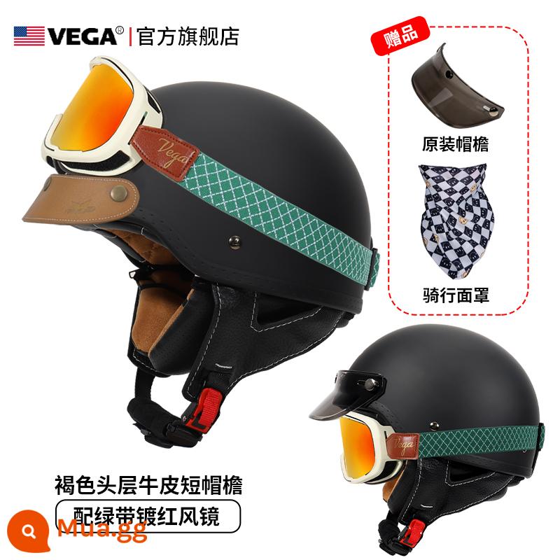 Mỹ VEGA Retro Đầu Máy Đầu Máy Mũ Nam Nữ Nhật Bản Harley Mũ Bảo Hiểm Nửa Mùa Đông 4 Xe Ô Tô Điện Muỗng Mũ Bảo Hiểm - Màu đen mờ (kèm kính bảo hộ viền xanh viền đỏ + vành mũ da kaki)