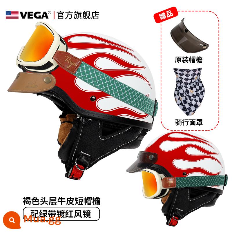 Mỹ VEGA Retro Đầu Máy Đầu Máy Mũ Nam Nữ Nhật Bản Harley Mũ Bảo Hiểm Nửa Mùa Đông 4 Xe Ô Tô Điện Muỗng Mũ Bảo Hiểm - Hong Yan (gửi kính xanh mạ đỏ + vành mũ da kaki)