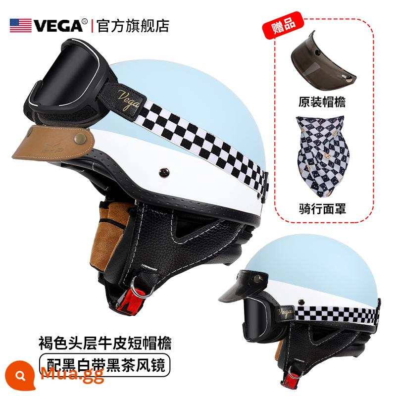 Mỹ VEGA Retro Đầu Máy Đầu Máy Mũ Nam Nữ Nhật Bản Harley Mũ Bảo Hiểm Nửa Mùa Đông 4 Xe Ô Tô Điện Muỗng Mũ Bảo Hiểm - Weiss Yuan Autumn Blue (đi kèm kính màu trà đen kẻ sọc + vành mũ da kaki)