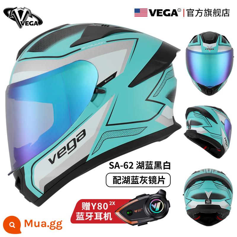 Mỹ VEGA Xe Máy Nam Nữ Sợi Carbon Đuôi Lớn Mùa Đông Chống Sương Mù Xe Máy Mũ Bảo Hiểm Full Bluetooth Cá Tính thoáng Mát Chạy Bộ - Hồ xanh đen trắng với hồ xanh xám (Có tai nghe Bluetooth)