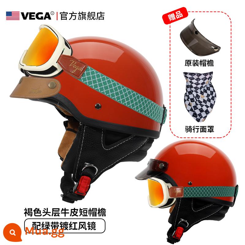 Mỹ VEGA Retro Đầu Máy Đầu Máy Mũ Nam Nữ Nhật Bản Harley Mũ Bảo Hiểm Nửa Mùa Đông 4 Xe Ô Tô Điện Muỗng Mũ Bảo Hiểm - Cam (kèm kính xanh viền đỏ + vành mũ da kaki)