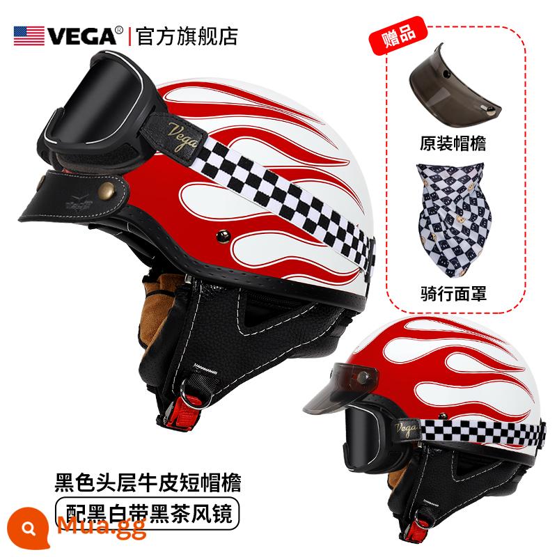 Mỹ VEGA Retro Đầu Máy Đầu Máy Mũ Nam Nữ Nhật Bản Harley Mũ Bảo Hiểm Nửa Mùa Đông 4 Xe Ô Tô Điện Muỗng Mũ Bảo Hiểm - Hongyan (kèm kính trà đen kẻ sọc + vành mũ da đen)