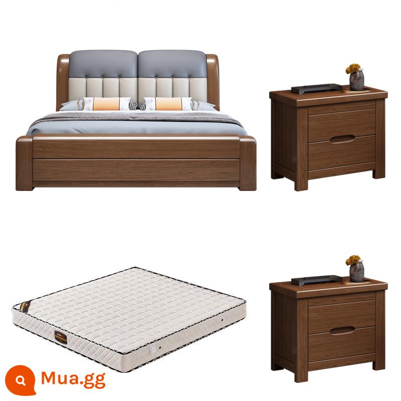 Walnut Solid Wood Bed 1.8 -Meter Double Bed Modern Modern Minorist 1.5 -Meter Túi mềm Master Phòng ngủ Hộp cao Bed Bed Wedding - Giường gỗ óc chó + 2 tủ + nệm lò xo