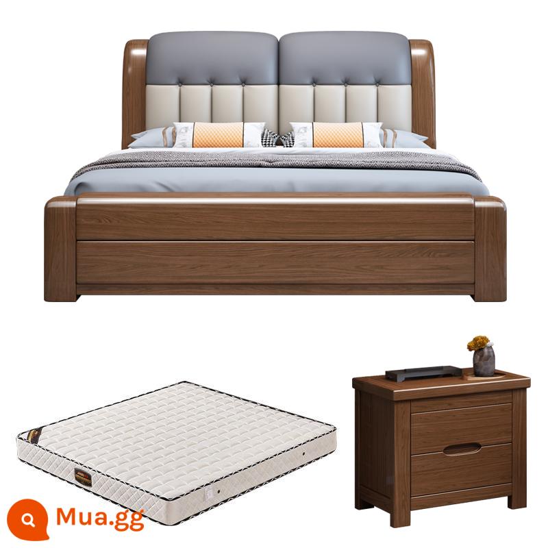 Walnut Solid Wood Bed 1.8 -Meter Double Bed Modern Modern Minorist 1.5 -Meter Túi mềm Master Phòng ngủ Hộp cao Bed Bed Wedding - Giường óc chó + 1 tủ + nệm lò xo