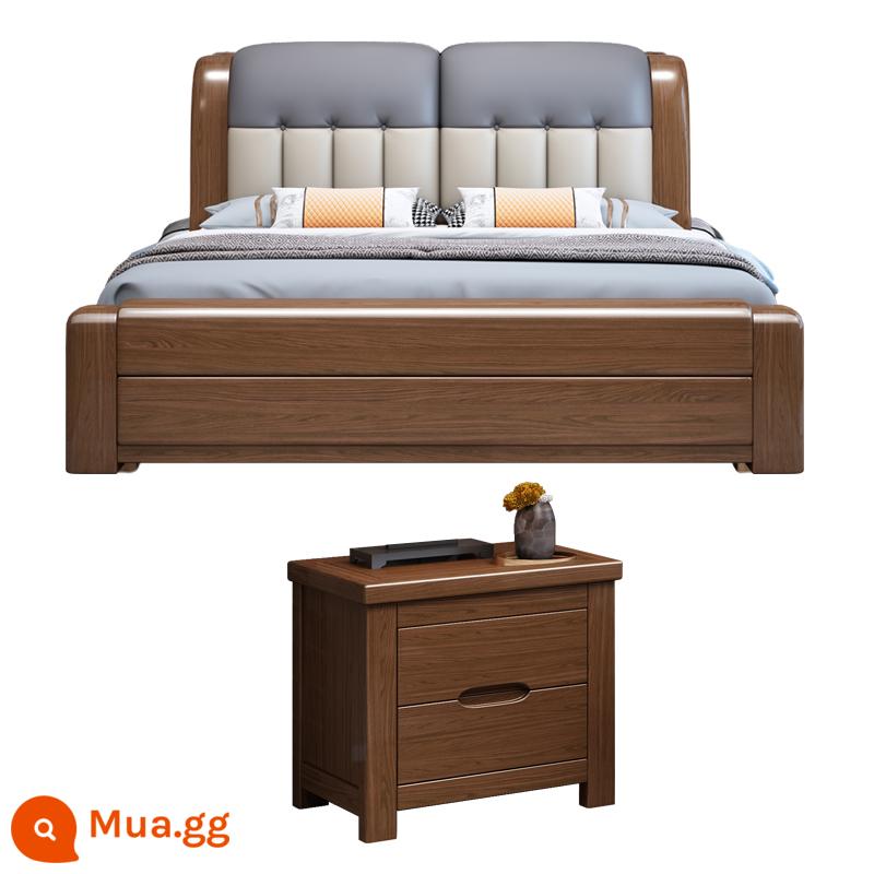 Walnut Solid Wood Bed 1.8 -Meter Double Bed Modern Modern Minorist 1.5 -Meter Túi mềm Master Phòng ngủ Hộp cao Bed Bed Wedding - Giường gỗ óc chó + 1 tủ