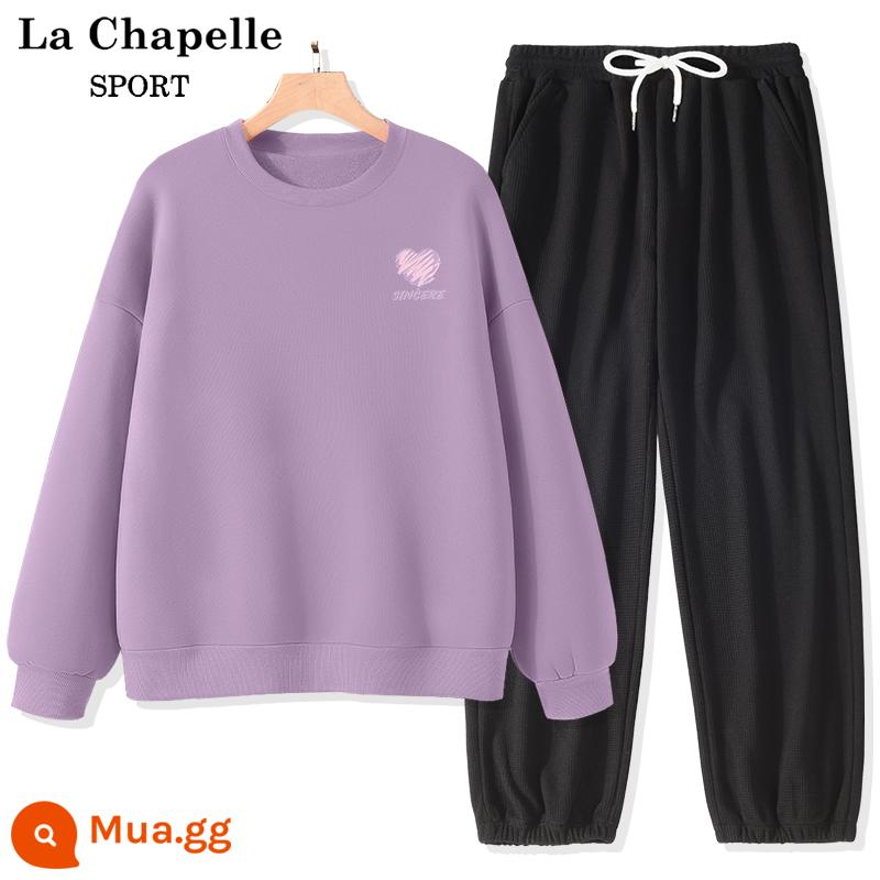 La Chapelle cotton dày cổ tròn T nữ mùa xuân và mùa thu 2023 mỏng phần nhỏ cho nữ thường ngày của sinh viên bộ đồ thể thao nữ X - Khoai môn tím (logo ngực hình trái tim) + đen (trống)