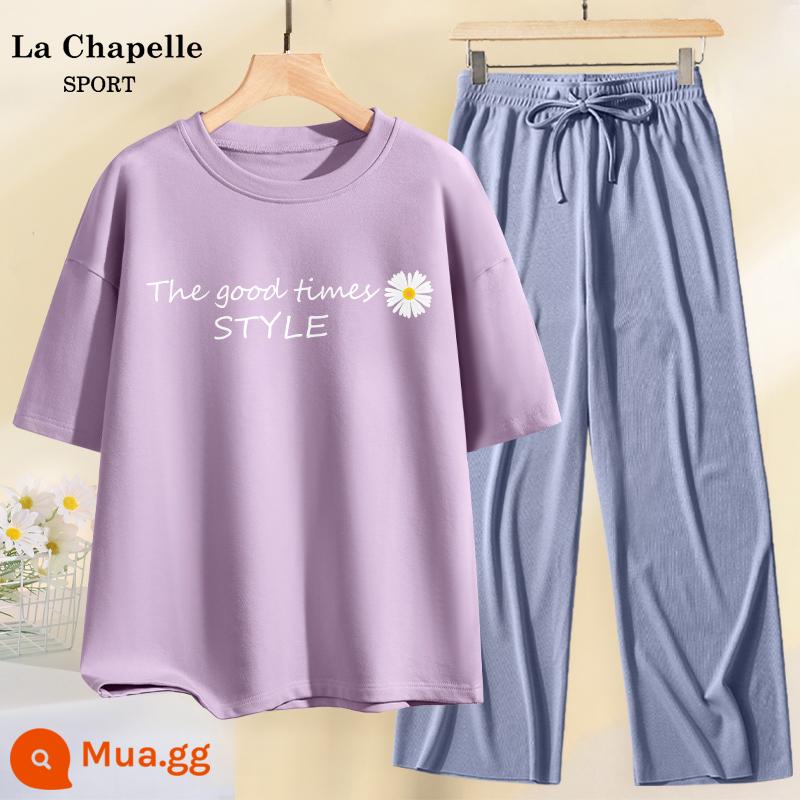 Bộ đồ thể thao nữ mùa hè 2023 áo thun cotton ngắn tay lụa băng quần ống rộng thường ngày 2 mảnh mùa hè X - Khoai môn tím (hoa cúc nhạt trúng thầu) + quần xanh (màu trơn)