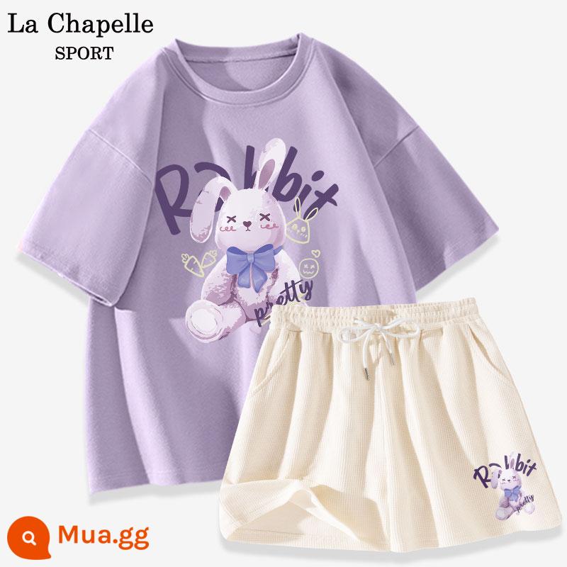 Bộ đồ thể thao La Chapelle nữ 2023 cotton mùa hè mới quần đùi ngắn tay giản dị bộ đồ hai mảnh giảm tuổi X - Khoai môn tím (thỏ thanh lịch) + trắng sữa (quần thỏ thanh lịch phía trước bên trái)