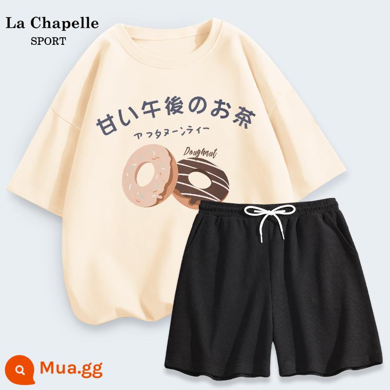 Bộ đồ thể thao La Chapelle nữ mùa hè rộng rãi sinh viên cotton áo thun ngắn tay bánh quế quần đùi hai mảnh mùa hè X - Màu trắng sữa (bánh rán) + đen (trống)