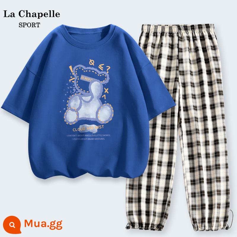 Bộ đồ thể thao La Chapelle nữ thời trang 2 mảnh 2023 mùa hè mới size lớn rời ngắn tay nữ X - Màu xanh cổ điển (gấu mây) + quần đen trắng (trống)