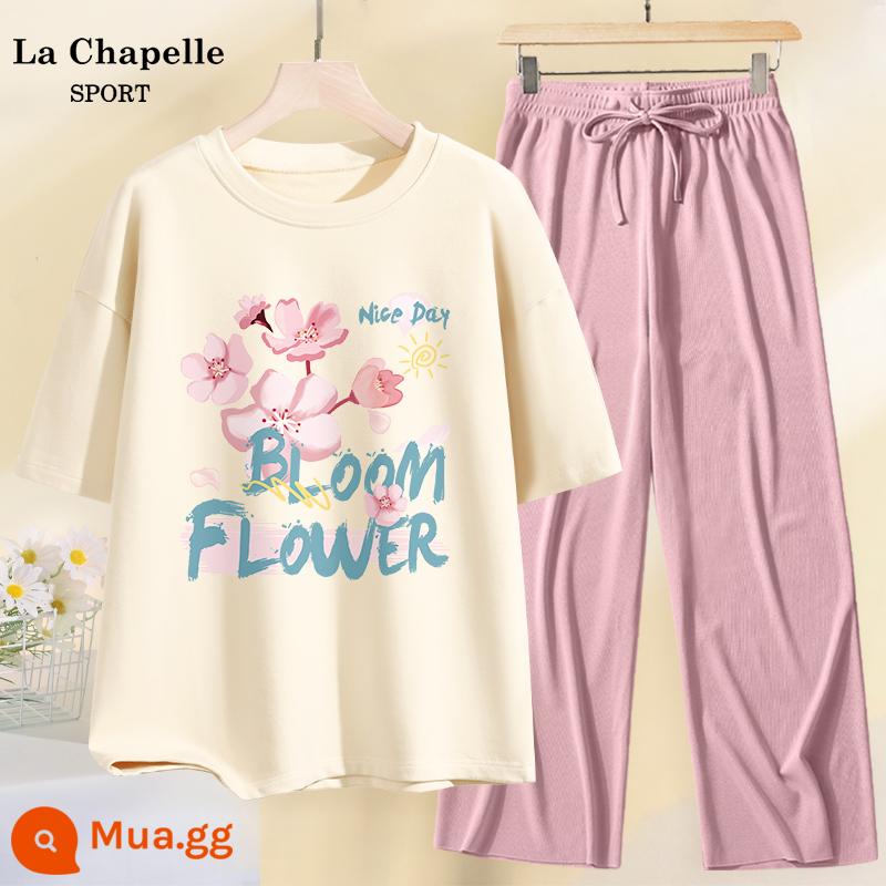 Bộ đồ thể thao nữ mùa hè 2023 áo thun cotton ngắn tay lụa băng quần ống rộng thường ngày 2 mảnh mùa hè X - Màu trắng sữa (Love Sakura) + quần hồng (trống)