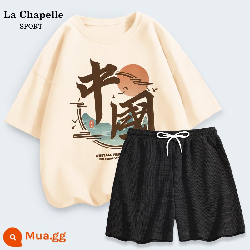 Bộ đồ thể thao La Chapelle nữ mùa hè rộng rãi sinh viên cotton áo thun ngắn tay bánh quế quần đùi hai mảnh mùa hè X - Màu trắng sữa (sơn Trung Quốc) + đen (trống)