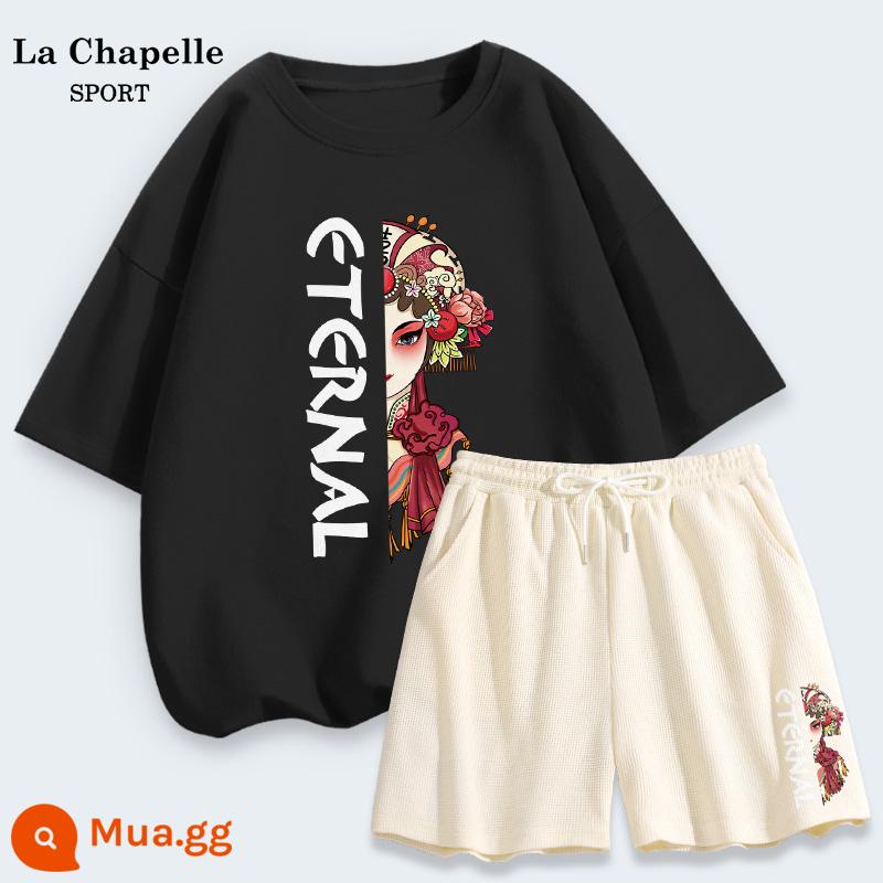 Bộ đồ thể thao La Chapelle nữ mùa hè rộng rãi sinh viên cotton áo thun ngắn tay bánh quế quần đùi hai mảnh mùa hè X - Đen (Hua Dan Bai) + White Milk (Hua Dan Bai quần phía trước bên trái)