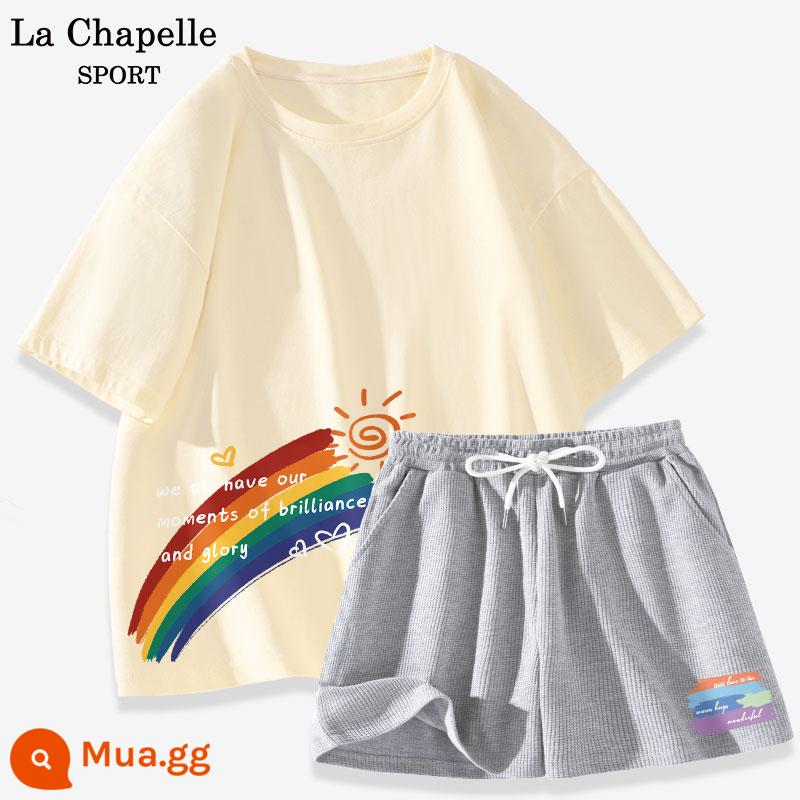 Bộ đồ thể thao La Chapelle nữ 2023 cotton mùa hè mới quần đùi ngắn tay giản dị bộ đồ hai mảnh giảm tuổi X - Màu trắng sữa (chỉ số dưới bên phải nửa cầu vồng) + màu xám gai dầu (chỉ số dưới bên trái phía trước quần màu)