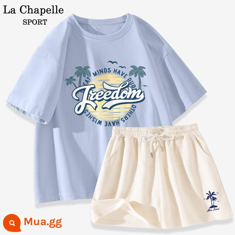 Bộ đồ thể thao La Chapelle nữ 2023 cotton mùa hè mới quần đùi ngắn tay giản dị bộ đồ hai mảnh giảm tuổi X - Xanh nhạt (hoàng hôn bên bờ biển) + trắng sữa (chỉ số phía trước bên trái của quần Neverland)