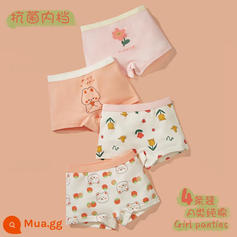 Quần lót trẻ em cotton nguyên chất bé gái boxer bé gái bé gái trung và nhỏ tập đi quần đùi không xương phần mỏng dễ thương - Forest Flower Apple Bear-4 Pack (Góc phẳng) Đáy quần kháng khuẩn