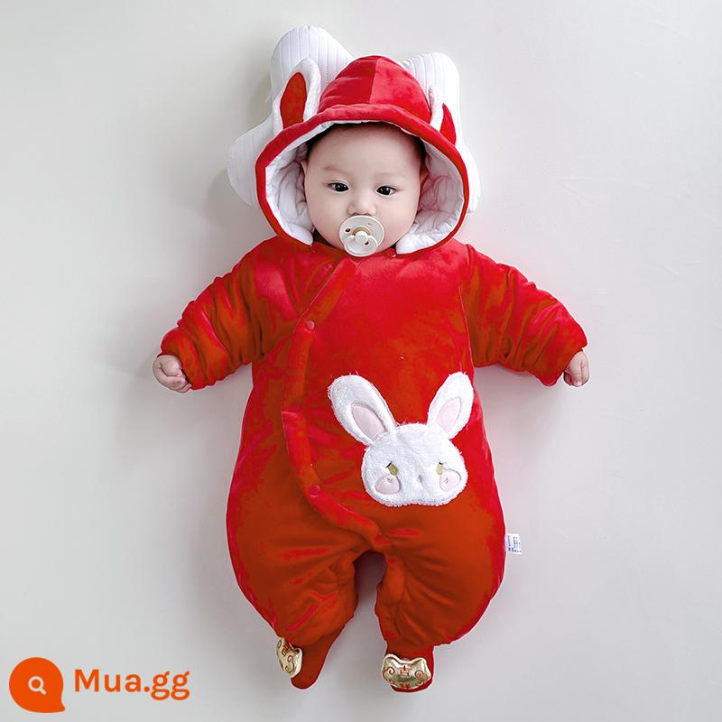 Bộ áo liền quần mùa đông cho bé quần áo cotton dày chần bông ấm rompers đi chơi quần áo cotton quần áo mùa đông Plus nhung bộ quần áo chúc mừng năm mới - thỏ lớn màu đỏ đỏ