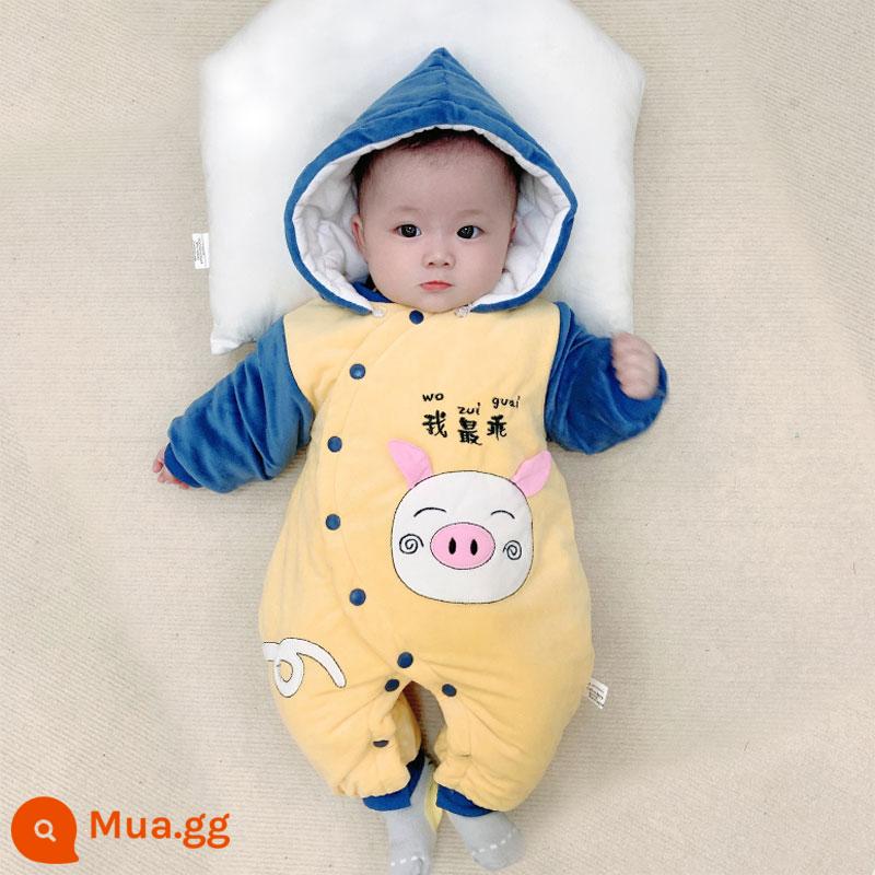 Bộ áo liền quần mùa đông cho bé quần áo cotton dày chần bông ấm rompers đi chơi quần áo cotton quần áo mùa đông Plus nhung bộ quần áo chúc mừng năm mới - heo xanh