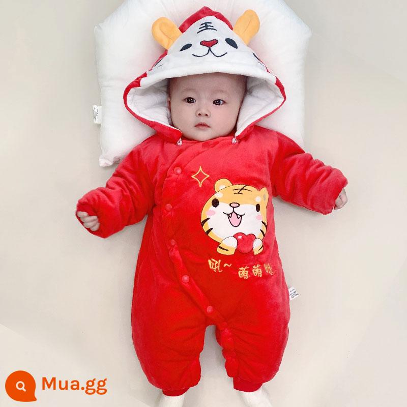 Bộ áo liền quần mùa đông cho bé quần áo cotton dày chần bông ấm rompers đi chơi quần áo cotton quần áo mùa đông Plus nhung bộ quần áo chúc mừng năm mới - con hổ nhỏ màu đỏ