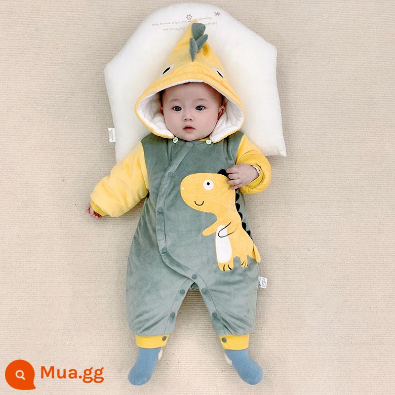 Bộ áo liền quần mùa đông cho bé quần áo cotton dày chần bông ấm rompers đi chơi quần áo cotton quần áo mùa đông Plus nhung bộ quần áo chúc mừng năm mới - khủng long nhỏ màu xanh lá cây