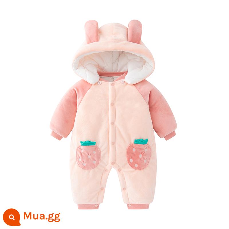 Bộ áo liền quần mùa đông cho bé quần áo cotton dày chần bông ấm rompers đi chơi quần áo cotton quần áo mùa đông Plus nhung bộ quần áo chúc mừng năm mới - hồng dâu hồng