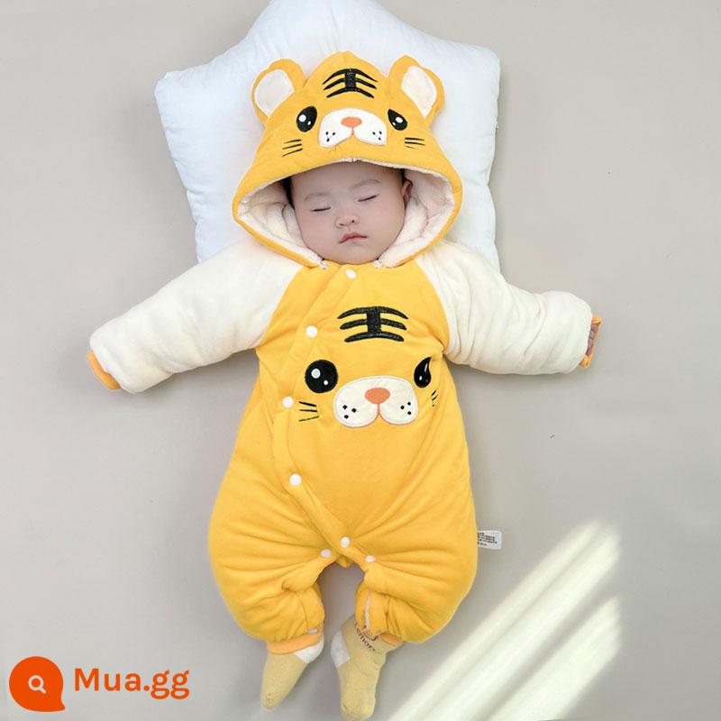 Bộ áo liền quần mùa đông cho bé quần áo cotton dày chần bông ấm rompers đi chơi quần áo cotton quần áo mùa đông Plus nhung bộ quần áo chúc mừng năm mới - Chú hổ vui vẻ cộng với màu vàng nhung