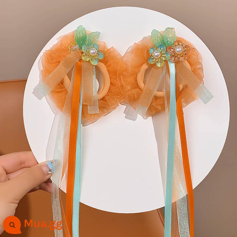 Trẻ Em Kẹp Tóc Bé Gái Phong Cách Cổ Xưa Hanfu Mũ Đội Đầu Ngọc Trai Dễ Thương Tua Rua Hoa Kẹp Bé Gái Streamer Phụ Kiện Tóc - Một đôi dây buộc tóc ruy băng hoa hai màu xanh lá cây và cam