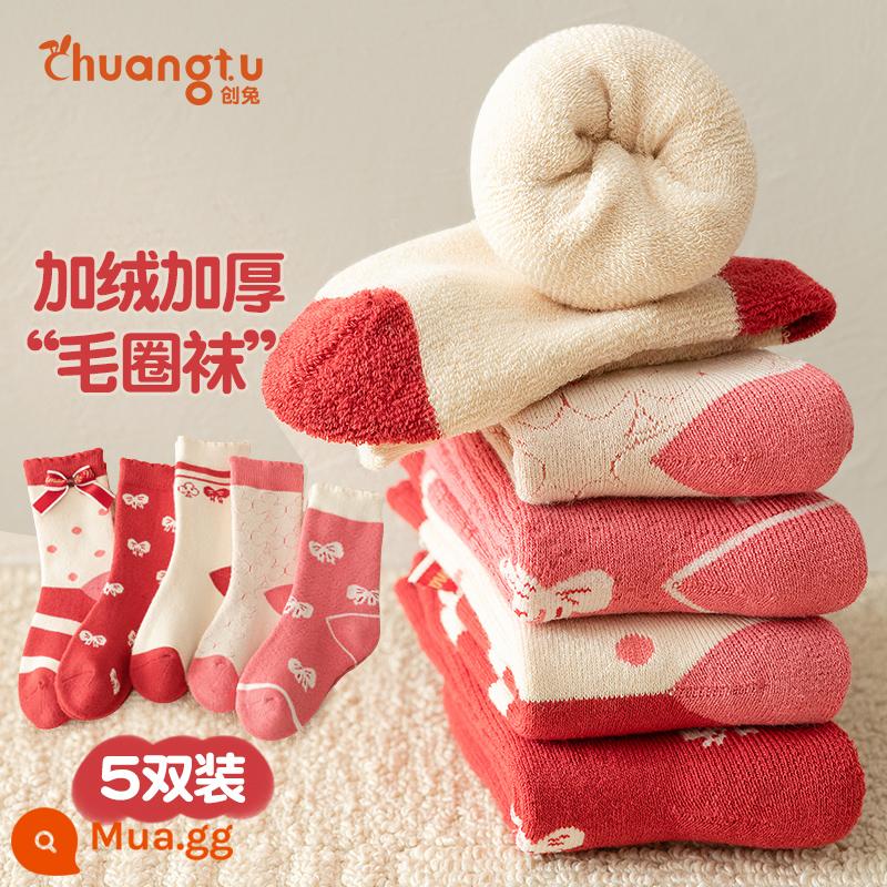 Vớ trẻ em mùa thu đông cotton nguyên chất bé gái đỏ sinh năm bé gái Plus nhung dày dặn bông tất - Tất hoa Tết-5 đôi [Vớ lông mùa đông]