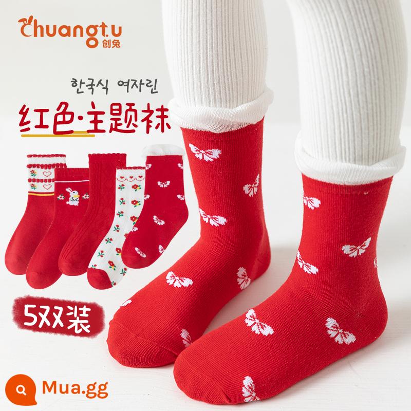 Vớ trẻ em mùa thu đông cotton nguyên chất bé gái đỏ sinh năm bé gái Plus nhung dày dặn bông tất - Tất B-năm đôi theo chủ đề Năm Mão [tất đỏ năm mới chất lượng cao]