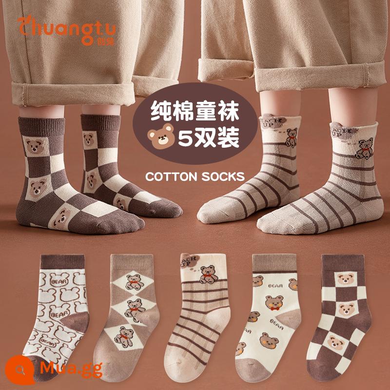 Vớ trẻ em bé trai mùa thu đông cotton nguyên chất vớ ống giữa bé trai bé gái vớ mùa đông bé trai bé mùa đông vớ cotton dày - Gấu lưới-5 đôi [cotton nguyên chất chống vón cục]