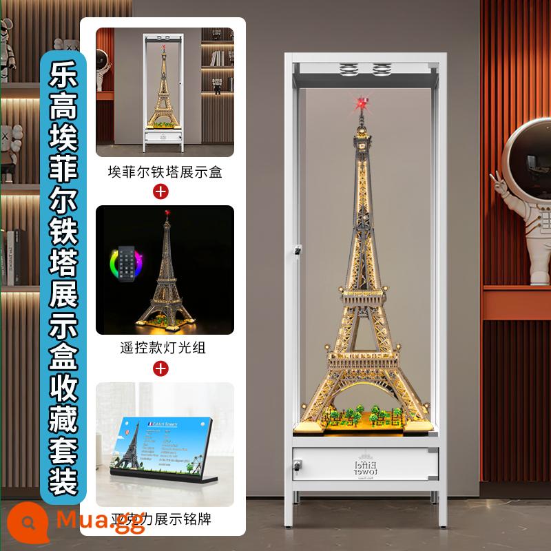 LYB thích hợp cho Lego 10307 Paris Tháp Eiffel hộp trưng bày acrylic trong suốt đèn LED DIY - Tủ trưng bày tháp trắng (mặt sau trong suốt) + điều khiển từ xa + bảng tên