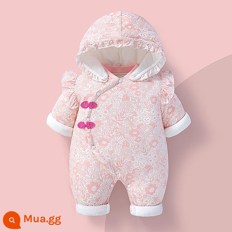 Bộ áo liền quần sơ sinh thu đông đi chơi dày cộp Chúc Tết quần áo cotton quần áo thu đông nam bé nữ quần áo Tết - Áo len có mũ trùm đầu màu hồng