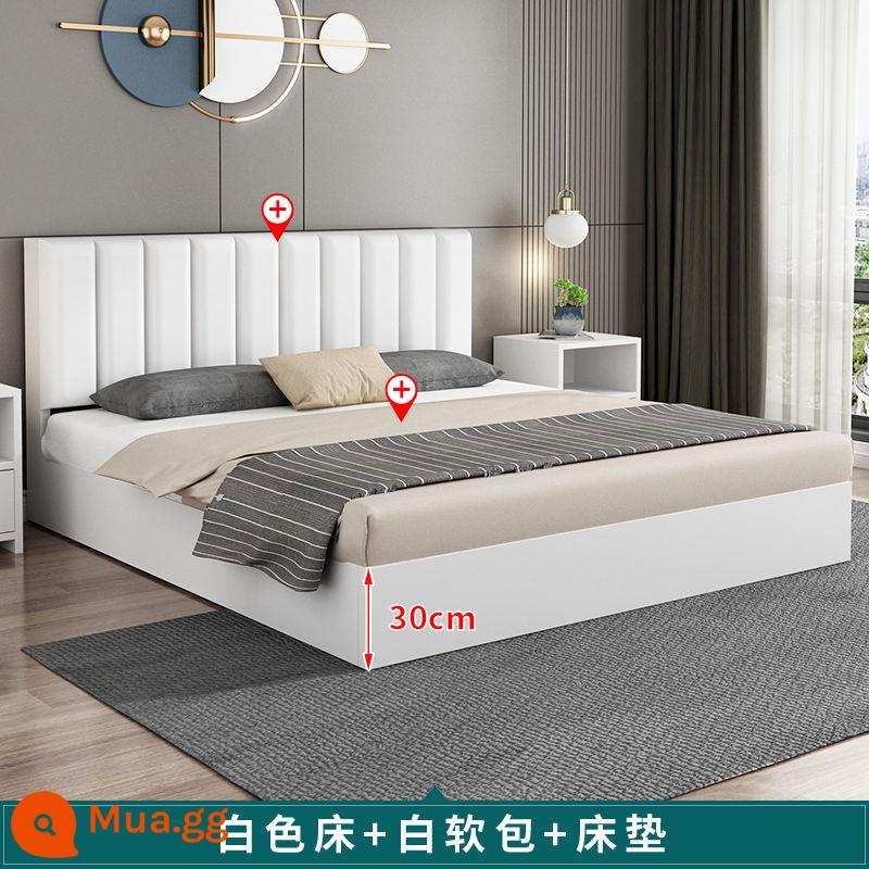 Giường gỗ đặc giường đôi phòng ngủ chính giường ván 1,8m Giường đơn gia đình 1,5m Giường phòng cho thuê tiết kiệm 1,2m - 30 giường cao màu trắng + nệm mềm màu trắng + nệm