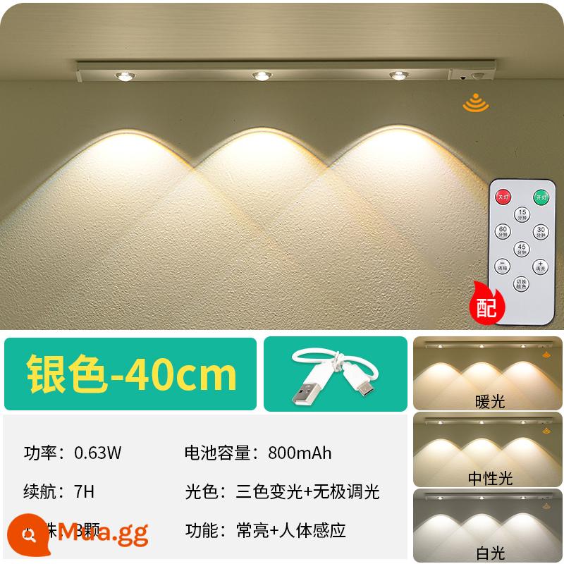 Đèn LED toàn bộ tủ ánh sáng cơ thể con người ánh sáng cảm ứng thanh nhà bếp tủ quần áo tủ giày tủ rượu ánh sáng với lực hút từ tính sạc không dây ánh sáng mắt mèo - Hạt đèn Silver-40CM-3-ba màu (có điều khiển từ xa)